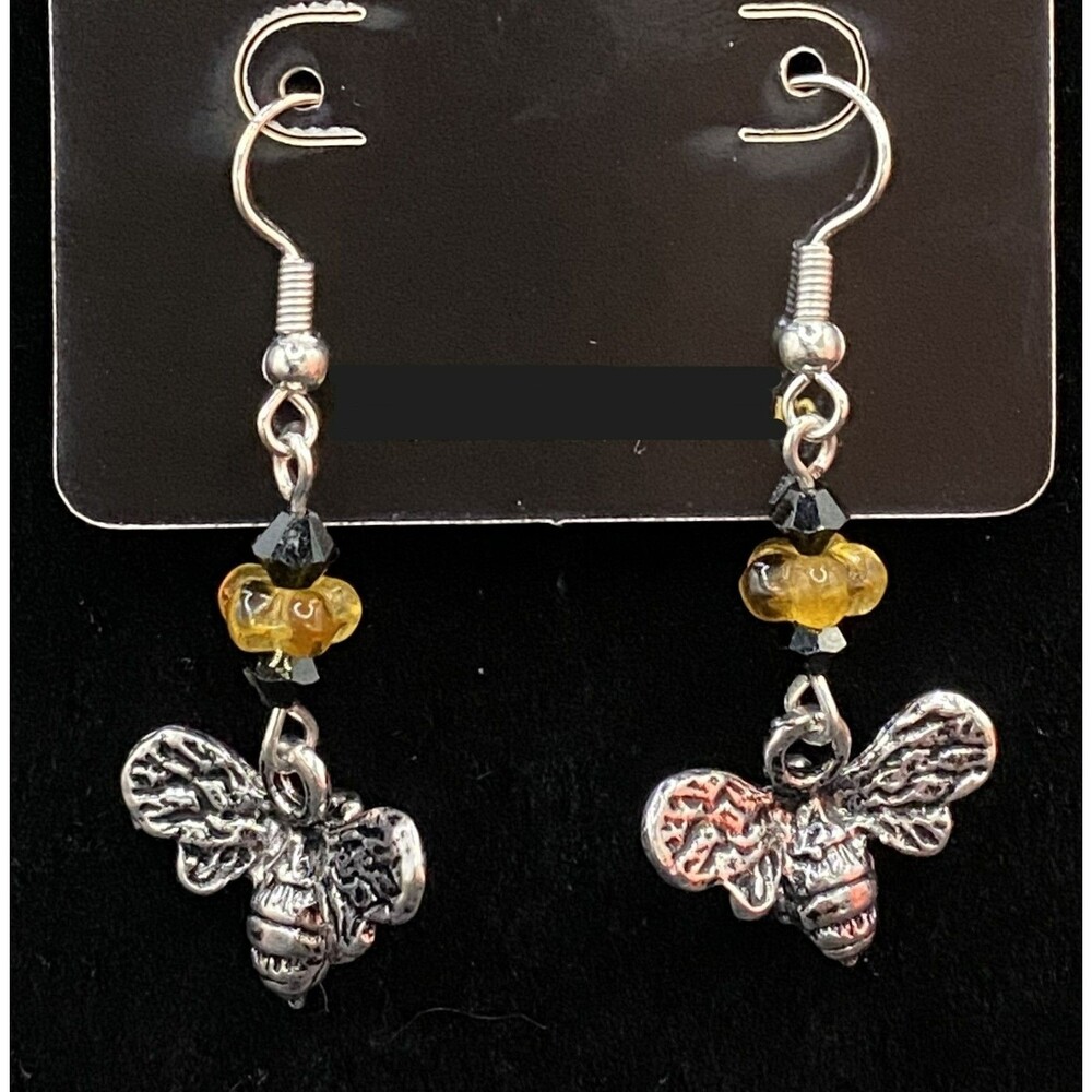 Handmade Bee with Black Crystal & Yellow Glass Bead Earrings by Neanie-Bot
